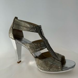 Michael Kors Berkley T Strap Silver Glitter Heels